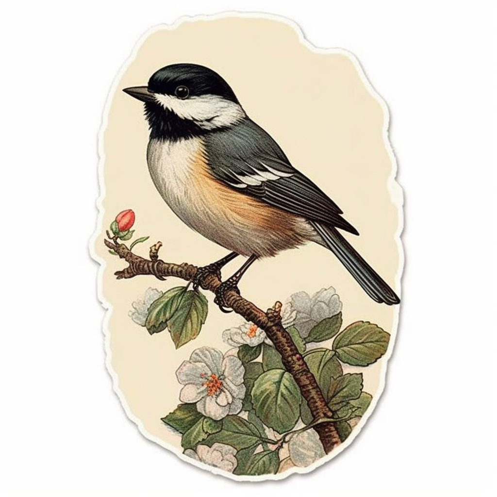 Massachusetts Black-capped Chickadee bird Mayflower flower  Vinyl Decal Sticker for Car, Laptop, Tumbler and more # 008708