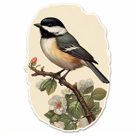 Massachusetts Black-capped Chickadee bird Mayflower flower  Vinyl Decal Sticker for Car, Laptop, Tumbler and more # 008708
