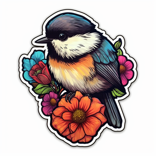 Massachusetts Black-capped Chickadee bird Mayflower flower  Vinyl Decal Sticker for Car, Laptop, Tumbler and more # 008747