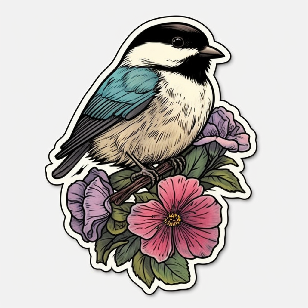 Massachusetts Black-capped Chickadee bird Mayflower flower  Vinyl Decal Sticker for Car, Laptop, Tumbler and more # 008775