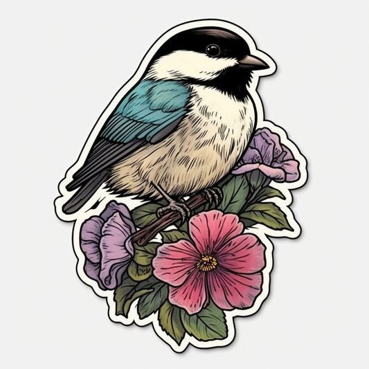 Massachusetts Black-capped Chickadee bird Mayflower flower  Vinyl Decal Sticker for Car, Laptop, Tumbler and more # 008775