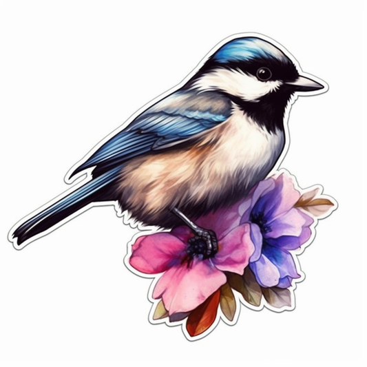 Massachusetts Black-capped Chickadee bird Mayflower flower  Vinyl Decal Sticker for Car, Laptop, Tumbler and more # 008696