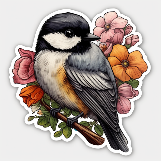 Massachusetts Black-capped Chickadee bird Mayflower flower  Vinyl Decal Sticker for Car, Laptop, Tumbler and more # 008772