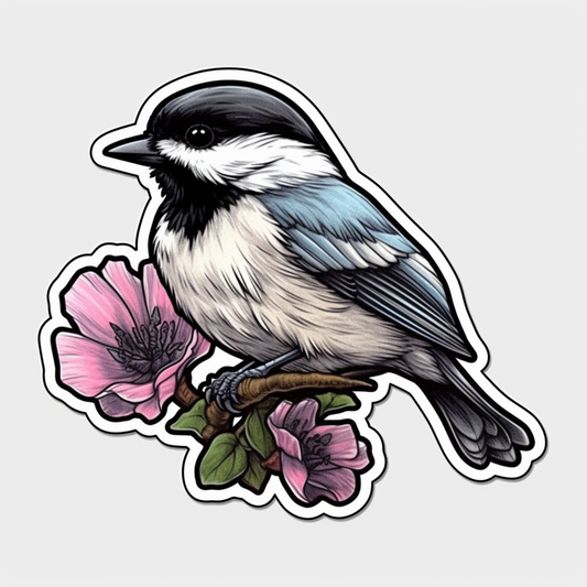 Massachusetts Black-capped Chickadee bird Mayflower flower  Vinyl Decal Sticker for Car, Laptop, Tumbler and more # 008736