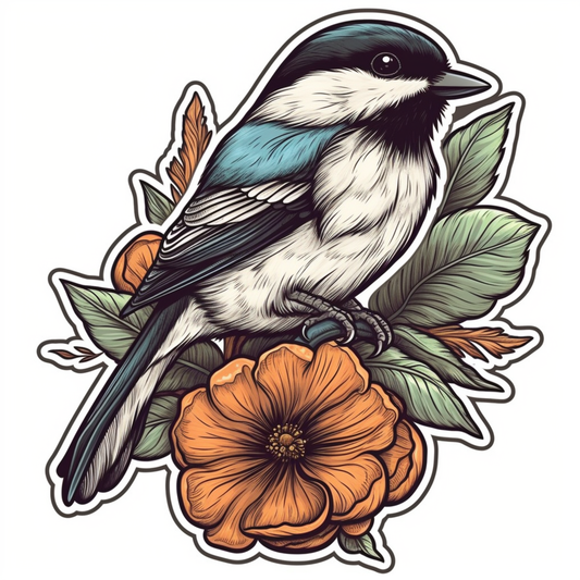 Massachusetts Black-capped Chickadee bird Mayflower flower  Vinyl Decal Sticker for Car, Laptop, Tumbler and more # 008798