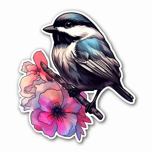 Massachusetts Black-capped Chickadee bird Mayflower flower  Vinyl Decal Sticker for Car, Laptop, Tumbler and more # 008702