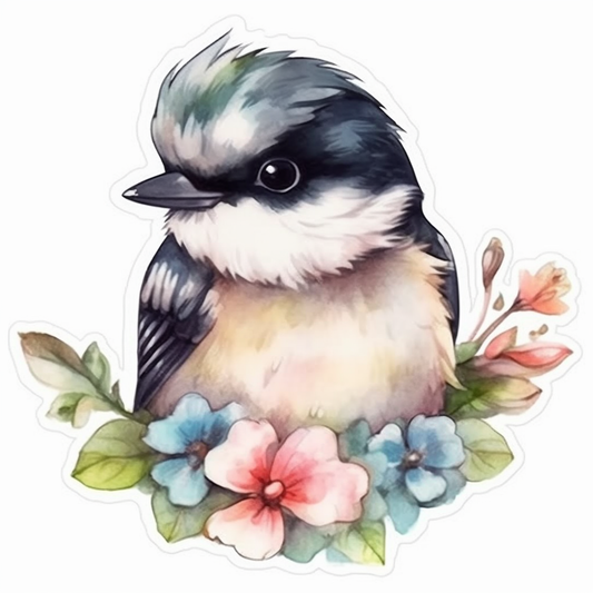 Massachusetts Black-capped Chickadee bird Mayflower flower  Vinyl Decal Sticker for Car, Laptop, Tumbler and more # 008714