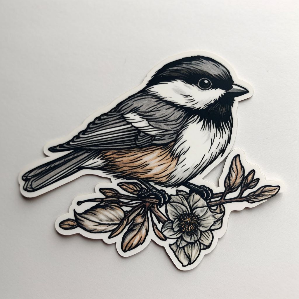 Massachusetts Black-capped Chickadee bird Mayflower flower  Vinyl Decal Sticker for Car, Laptop, Tumbler and more # 008797