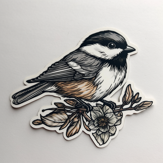 Massachusetts Black-capped Chickadee bird Mayflower flower  Vinyl Decal Sticker for Car, Laptop, Tumbler and more # 008797