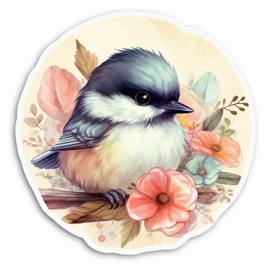 Massachusetts Black-capped Chickadee bird Mayflower flower  Vinyl Decal Sticker for Car, Laptop, Tumbler and more # 008800