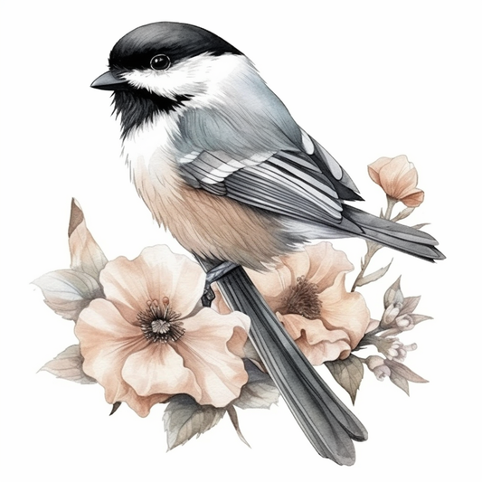 Massachusetts Black-capped Chickadee bird Mayflower flower  Vinyl Decal Sticker for Car, Laptop, Tumbler and more # 008691