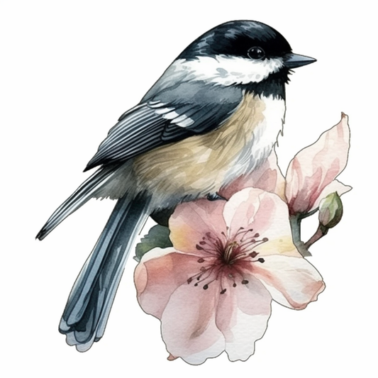 Massachusetts Black-capped Chickadee bird Mayflower flower  Vinyl Decal Sticker for Car, Laptop, Tumbler and more # 008700