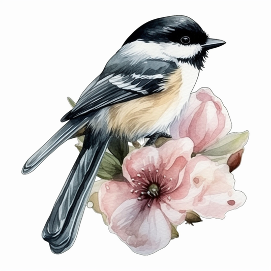 Massachusetts Black-capped Chickadee bird Mayflower flower  Vinyl Decal Sticker for Car, Laptop, Tumbler and more # 008687