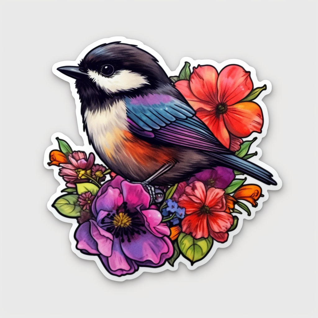 Massachusetts Black-capped Chickadee bird Mayflower flower  Vinyl Decal Sticker for Car, Laptop, Tumbler and more # 008774