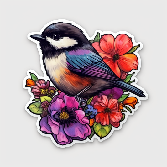 Massachusetts Black-capped Chickadee bird Mayflower flower  Vinyl Decal Sticker for Car, Laptop, Tumbler and more # 008774