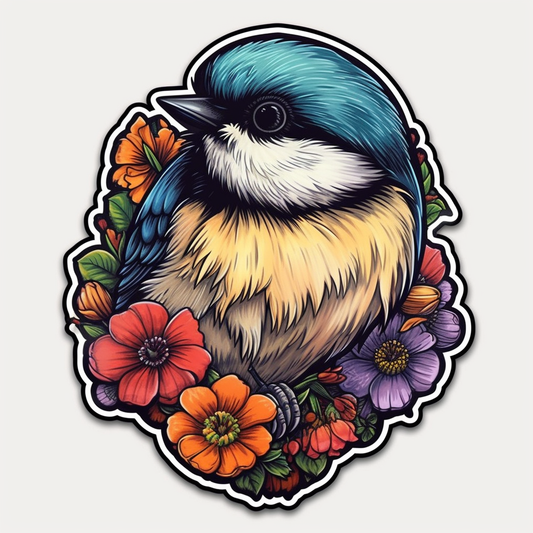 Massachusetts Black-capped Chickadee bird Mayflower flower  Vinyl Decal Sticker for Car, Laptop, Tumbler and more # 008724