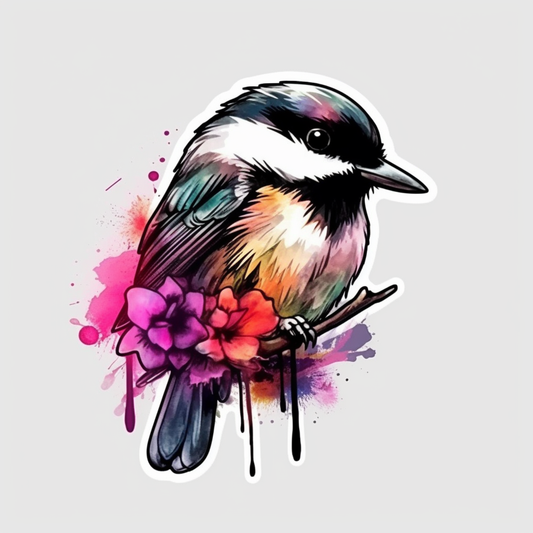 Massachusetts Black-capped Chickadee bird Mayflower flower  Vinyl Decal Sticker for Car, Laptop, Tumbler and more # 008715