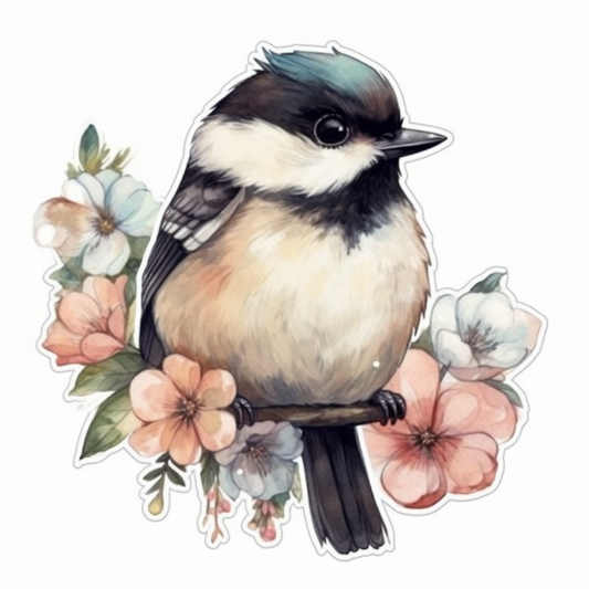 Massachusetts Black-capped Chickadee bird Mayflower flower  Vinyl Decal Sticker for Car, Laptop, Tumbler and more # 008684