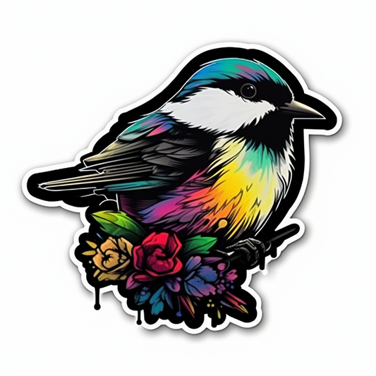 Massachusetts Black-capped Chickadee bird Mayflower flower  Vinyl Decal Sticker for Car, Laptop, Tumbler and more # 008720