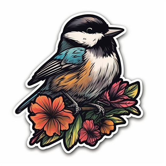 Massachusetts Black-capped Chickadee bird Mayflower flower  Vinyl Decal Sticker for Car, Laptop, Tumbler and more # 008721