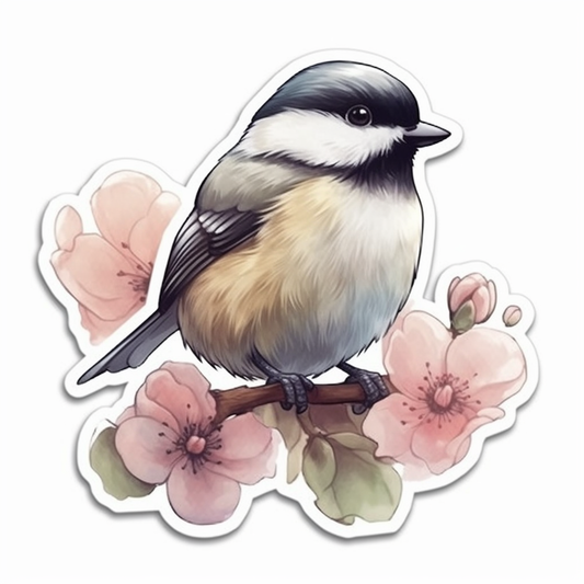 Massachusetts Black-capped Chickadee bird Mayflower flower  Vinyl Decal Sticker for Car, Laptop, Tumbler and more # 008695