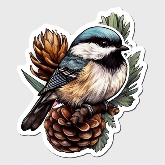 Maine Black-capped Chickadee bird White Pine Cone and Tassel flower  Vinyl Decal Sticker for Car, Laptop, Tumbler and more # 008657