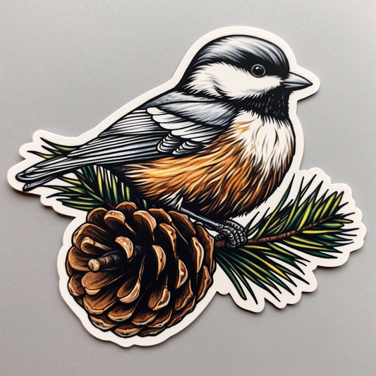 Maine Black-capped Chickadee bird White Pine Cone and Tassel flower  Vinyl Decal Sticker for Car, Laptop, Tumbler and more # 008660