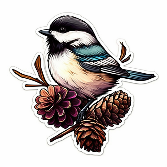 Maine Black-capped Chickadee bird White Pine Cone and Tassel flower  Vinyl Decal Sticker for Car, Laptop, Tumbler and more # 008658