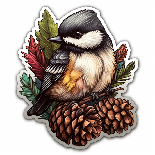 Maine Black-capped Chickadee bird White Pine Cone and Tassel flower  Vinyl Decal Sticker for Car, Laptop, Tumbler and more # 008667