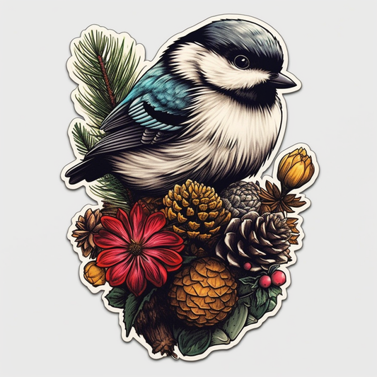 Maine Black-capped Chickadee bird White Pine Cone and Tassel flower  Vinyl Decal Sticker for Car, Laptop, Tumbler and more # 008666
