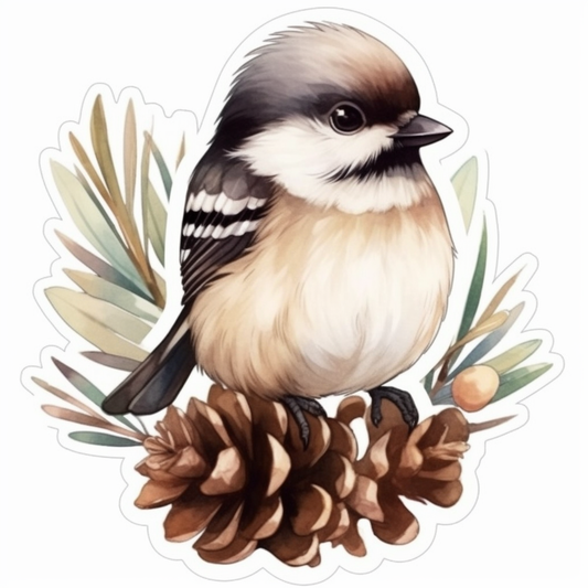 Maine Black-capped Chickadee bird White Pine Cone and Tassel flower  Vinyl Decal Sticker for Car, Laptop, Tumbler and more # 008661
