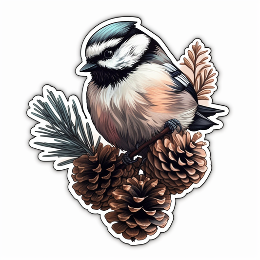 Maine Black-capped Chickadee bird White Pine Cone and Tassel flower  Vinyl Decal Sticker for Car, Laptop, Tumbler and more # 008659