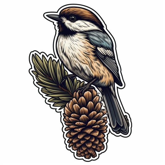 Maine Black-capped Chickadee bird White Pine Cone and Tassel flower  Vinyl Decal Sticker for Car, Laptop, Tumbler and more # 008664