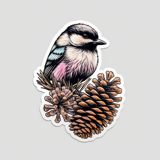 Maine Black-capped Chickadee bird White Pine Cone and Tassel flower  Vinyl Decal Sticker for Car, Laptop, Tumbler and more # 008656