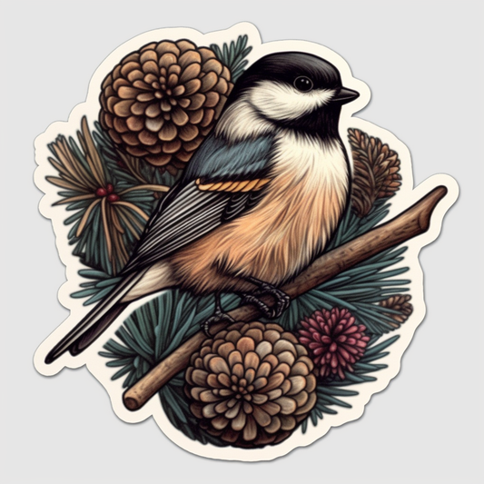 Maine Black-capped Chickadee bird White Pine Cone and Tassel flower  Vinyl Decal Sticker for Car, Laptop, Tumbler and more # 008682