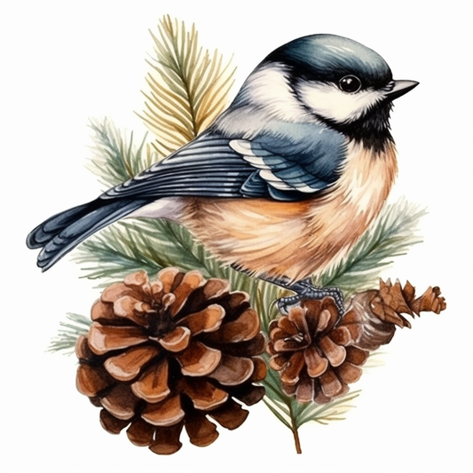 Maine Black-capped Chickadee bird White Pine Cone and Tassel flower  Vinyl Decal Sticker for Car, Laptop, Tumbler and more # 008655