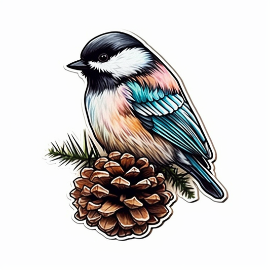 Maine Black-capped Chickadee bird White Pine Cone and Tassel flower  Vinyl Decal Sticker for Car, Laptop, Tumbler and more # 008672