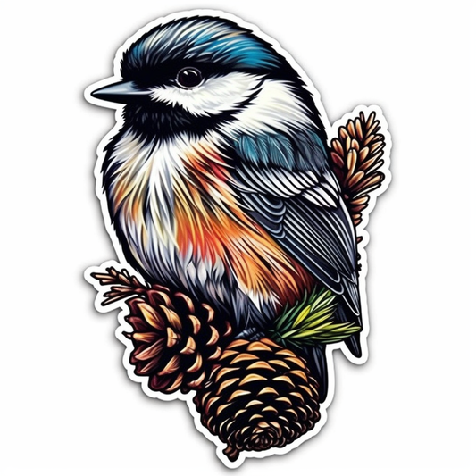 Maine Black-capped Chickadee bird White Pine Cone and Tassel flower  Vinyl Decal Sticker for Car, Laptop, Tumbler and more # 008654