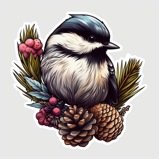Maine Black-capped Chickadee bird White Pine Cone and Tassel flower  Vinyl Decal Sticker for Car, Laptop, Tumbler and more # 008669