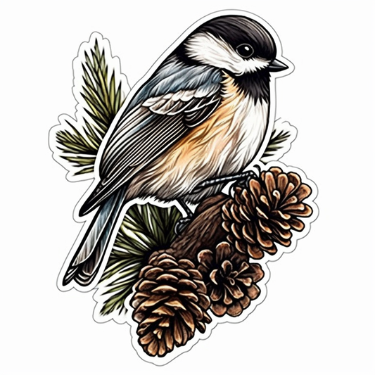 Maine Black-capped Chickadee bird White Pine Cone and Tassel flower  Vinyl Decal Sticker for Car, Laptop, Tumbler and more # 008668