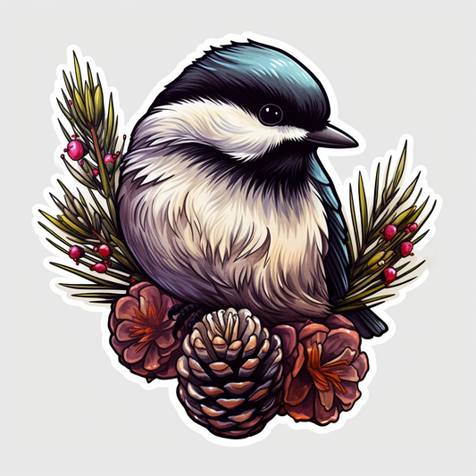 Maine Black-capped Chickadee bird White Pine Cone and Tassel flower  Vinyl Decal Sticker for Car, Laptop, Tumbler and more # 008670
