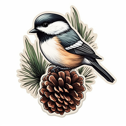 Maine Black-capped Chickadee bird White Pine Cone and Tassel flower  Vinyl Decal Sticker for Car, Laptop, Tumbler and more # 008679