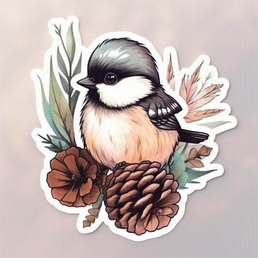 Maine Black-capped Chickadee bird White Pine Cone and Tassel flower  Vinyl Decal Sticker for Car, Laptop, Tumbler and more # 008665