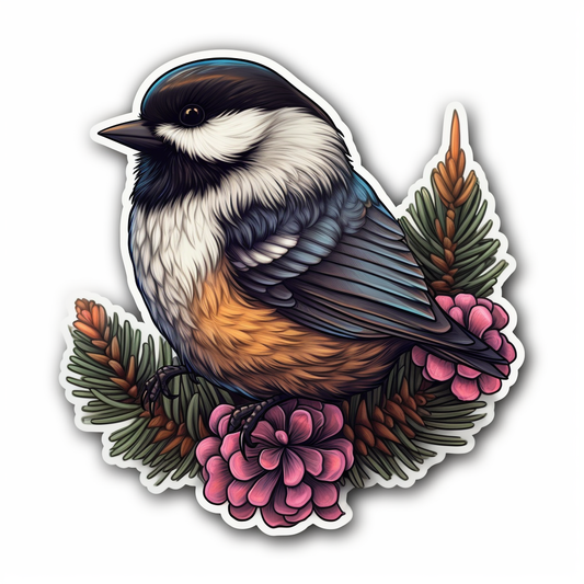 Maine Black-capped Chickadee bird White Pine Cone and Tassel flower  Vinyl Decal Sticker for Car, Laptop, Tumbler and more # 008677