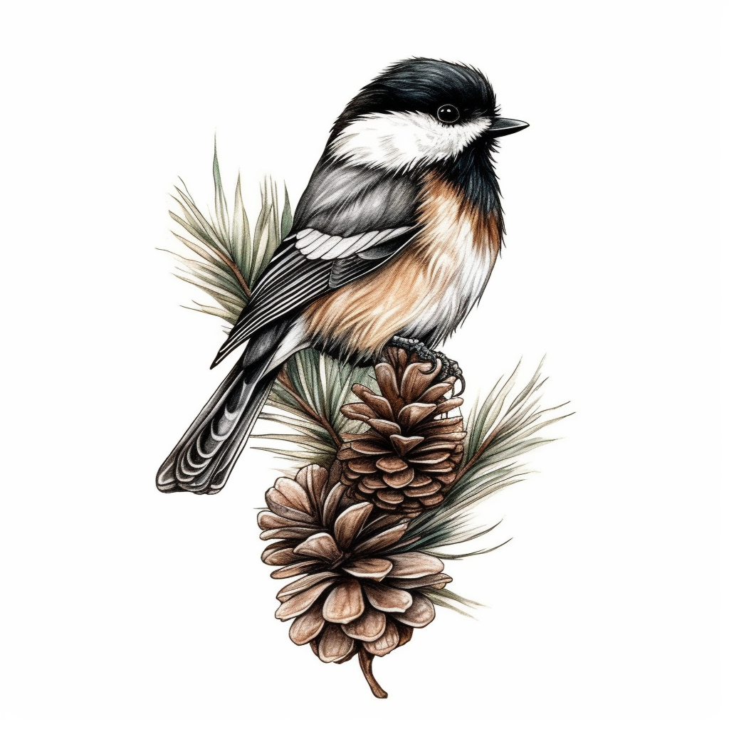 Maine Black-capped Chickadee bird White Pine Cone and Tassel flower  Vinyl Decal Sticker for Car, Laptop, Tumbler and more # 008662