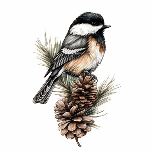 Maine Black-capped Chickadee bird White Pine Cone and Tassel flower  Vinyl Decal Sticker for Car, Laptop, Tumbler and more # 008662