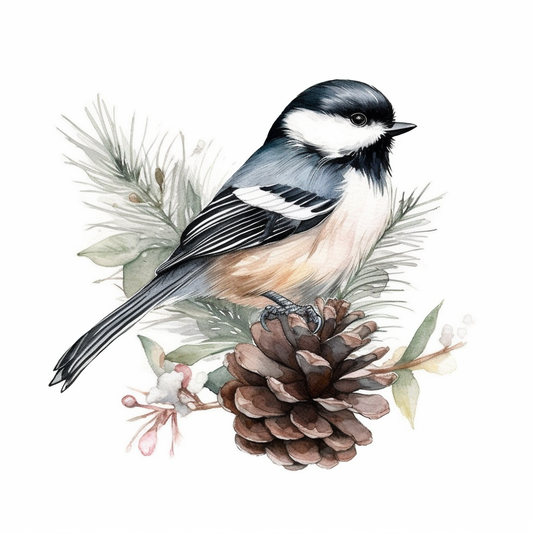 Maine Black-capped Chickadee bird White Pine Cone and Tassel flower  Vinyl Decal Sticker for Car, Laptop, Tumbler and more # 008676