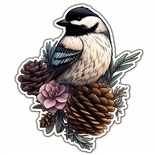 Maine Black-capped Chickadee bird White Pine Cone and Tassel flower  Vinyl Decal Sticker for Car, Laptop, Tumbler and more # 008663