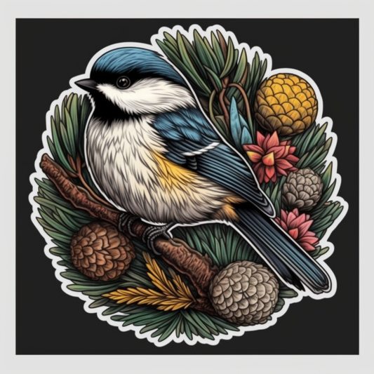 Maine Black-capped Chickadee bird White Pine Cone and Tassel flower  Vinyl Decal Sticker for Car, Laptop, Tumbler and more # 008683