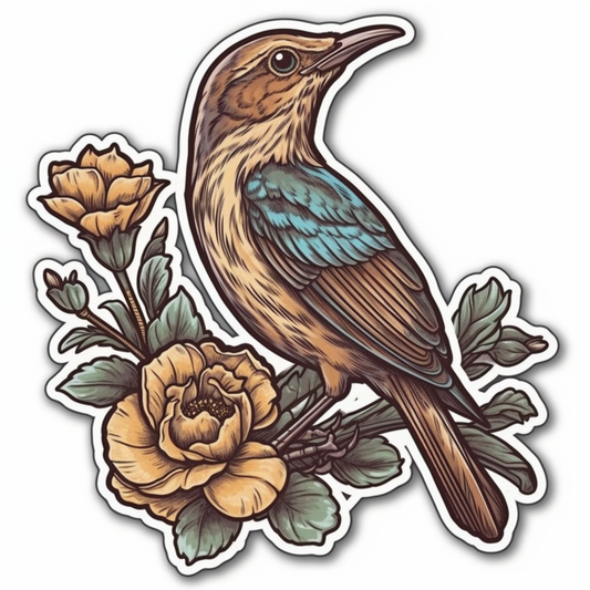 Georgia Brown Thrasher bird Cherokee Rose flower  Vinyl Decal Sticker for Car, Laptop, Tumbler and more # 008436